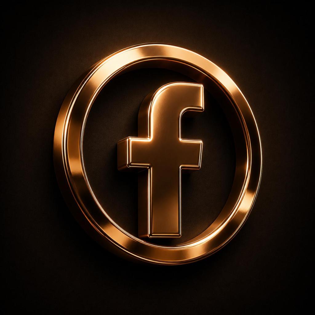 Facebook logo in gold with a black background